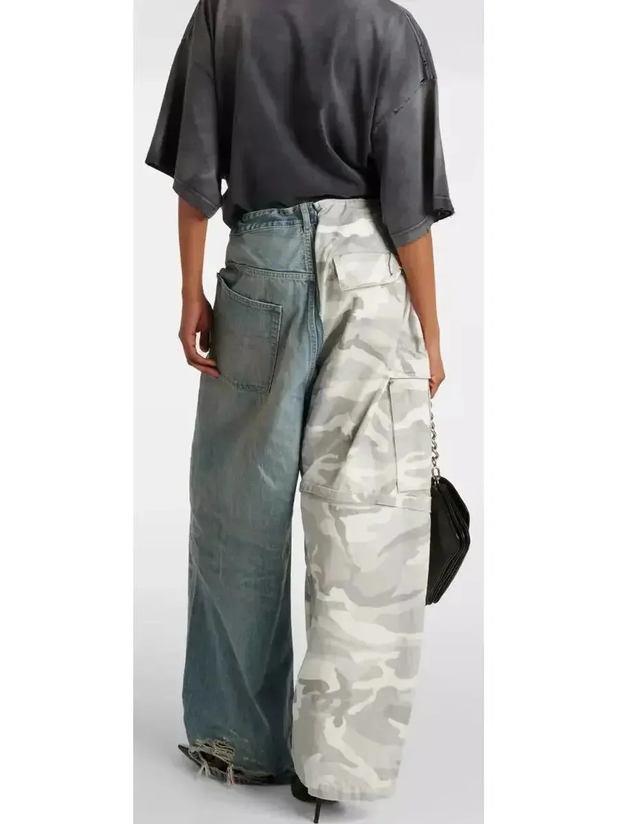 Baggy Hybrid Cargo Camouflage and Denim Pants