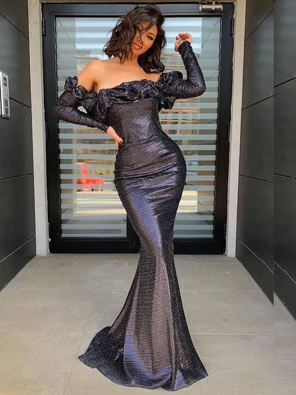 Black Mermaid Long Sleeve Vintage Charming Long Prom Dresses, PDS0243