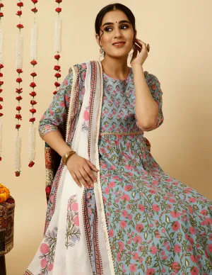 Blue Ethnic Print Anarkali Kurta With Pants And Dupatta