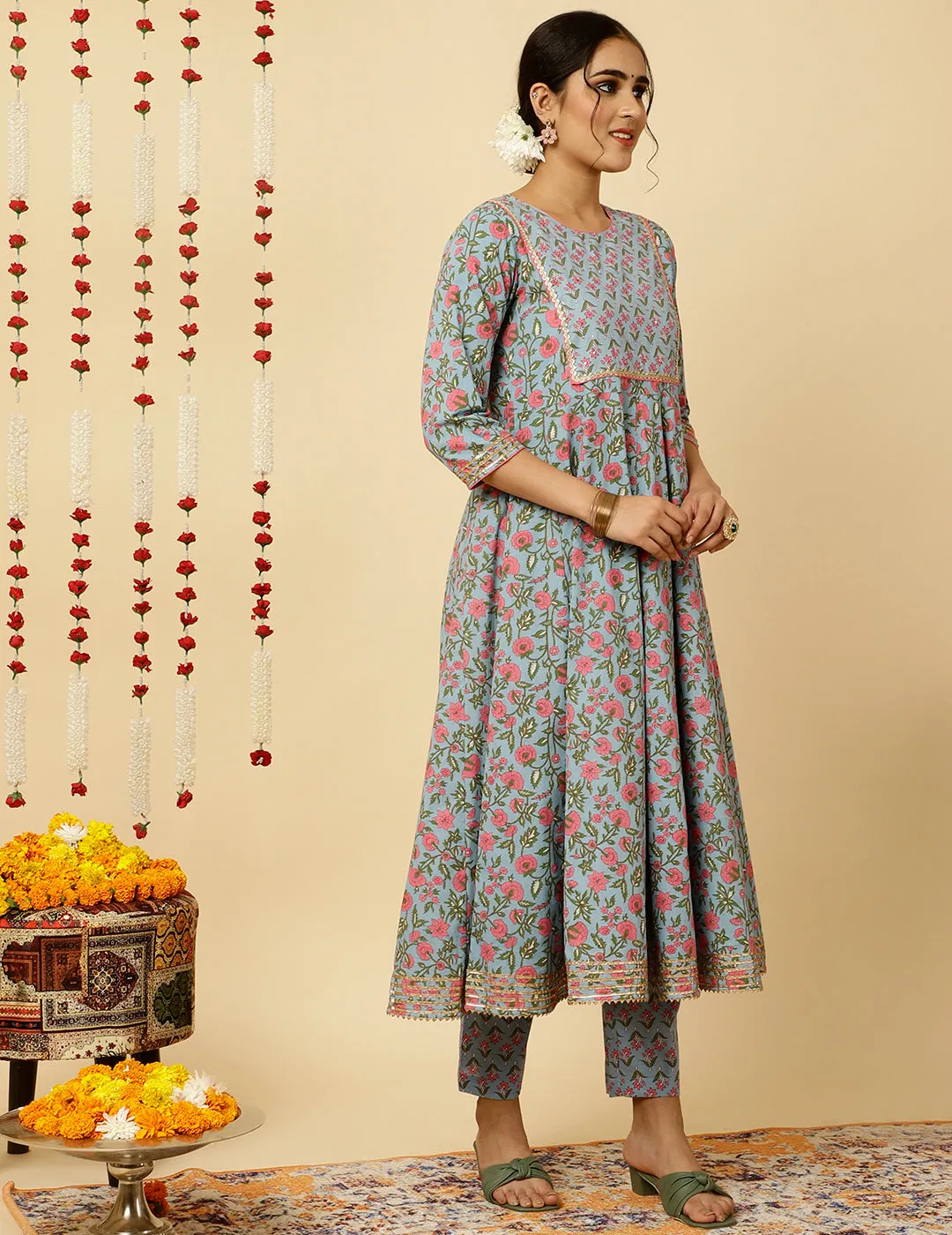 Blue Ethnic Print Anarkali Kurta With Pants And Dupatta