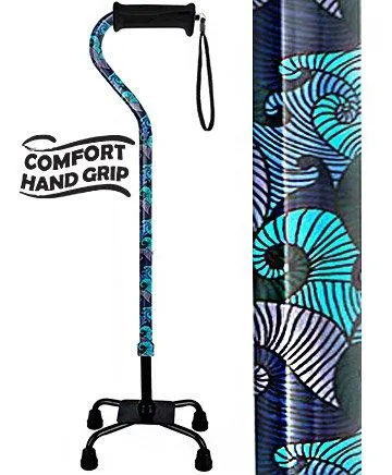 Blue Majestic Waves Aluminum Convertible Quad Base Walking Cane - Adjustable Shaft