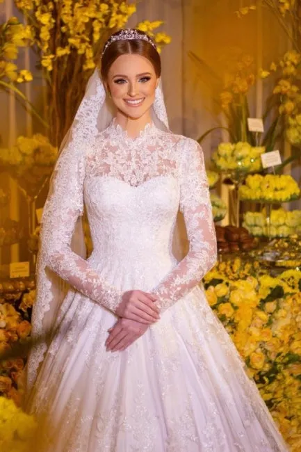 Charming A-Line Lace High Neck Long Sleeve White Wedding Dresses With Appliques