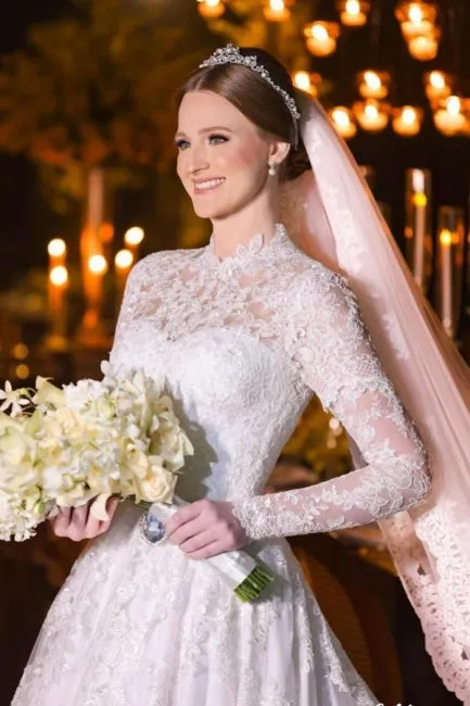 Charming A-Line Lace High Neck Long Sleeve White Wedding Dresses With Appliques