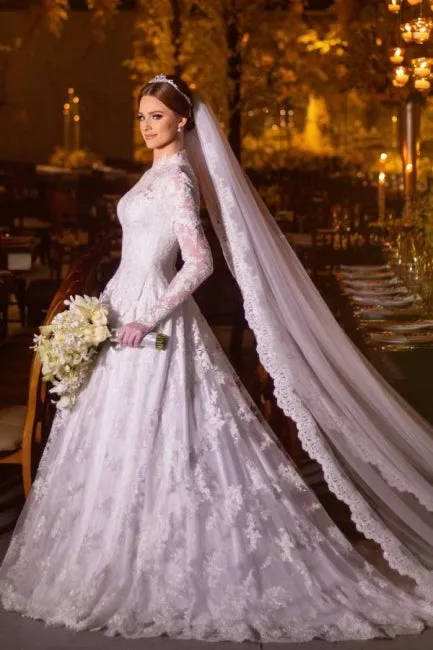 Charming A-Line Lace High Neck Long Sleeve White Wedding Dresses With Appliques