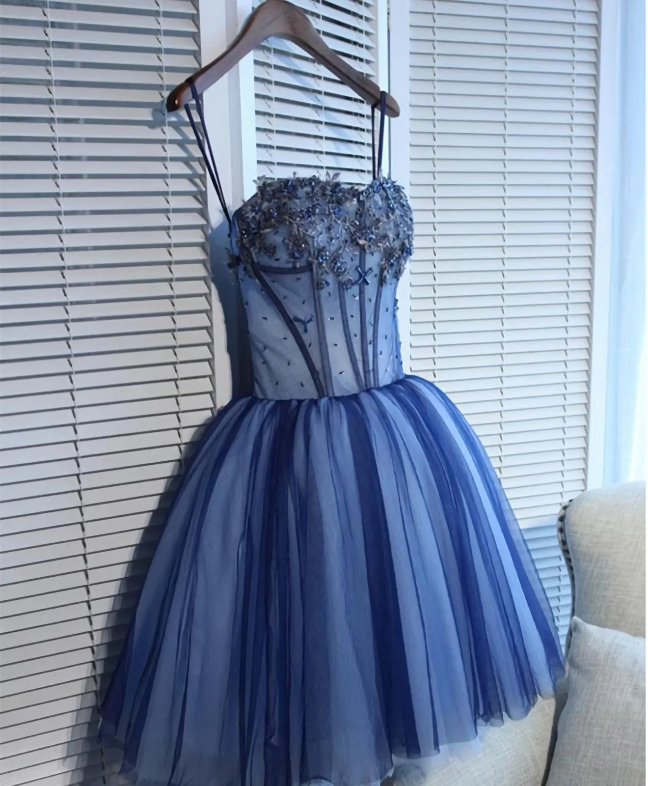 Charming Blue Lace Tule A Lin Short Prom Dress, Homecoming Dress