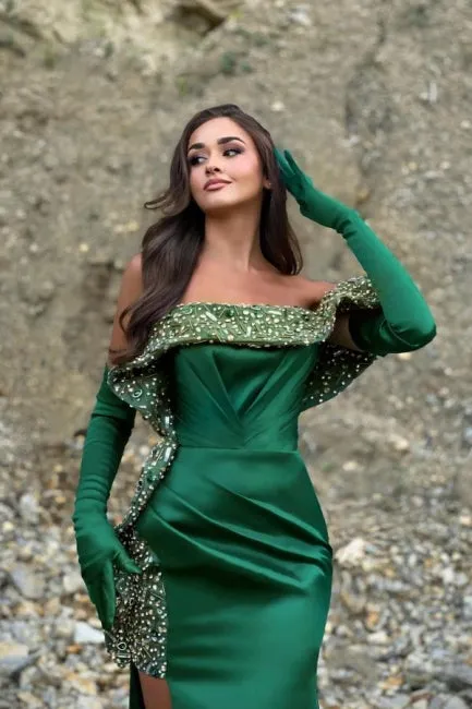 Charming Column Satin One Shoulder Sleeveless Green Prom Dress With Split Front