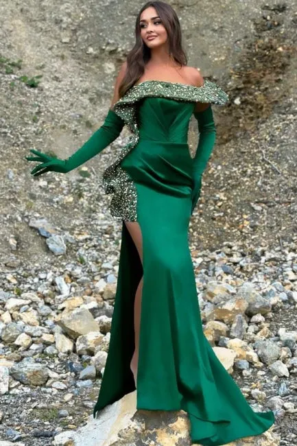 Charming Column Satin One Shoulder Sleeveless Green Prom Dress With Split Front