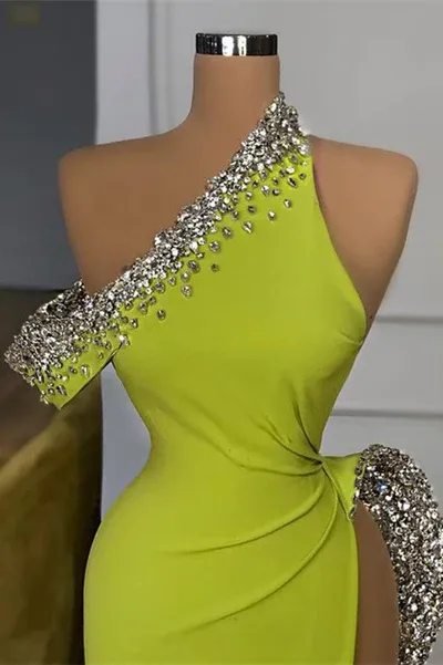 Charming Long One Shoulder Sleeveless Sequined Prom Dress With Slit