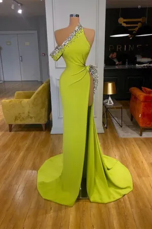 Charming Long One Shoulder Sleeveless Sequined Prom Dress With Slit