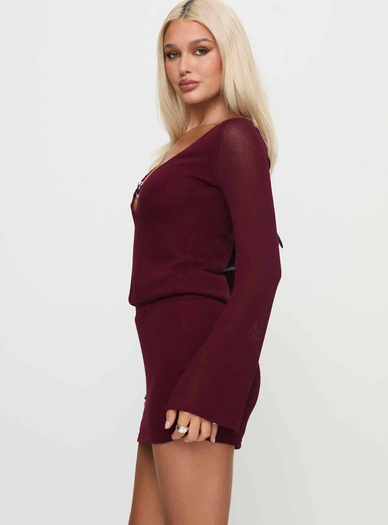 Charming Long Sleeve Mini Dress Maroon