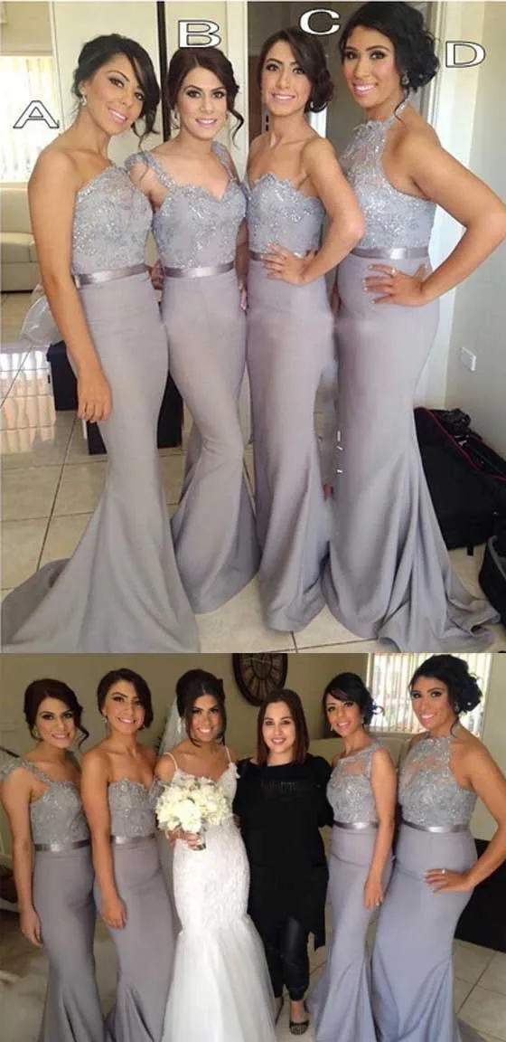 Charming Popular Four Differnt Styles Mismatched Lace Grey Sexy Mermaid Long Bridesmaid Dresses, WG62