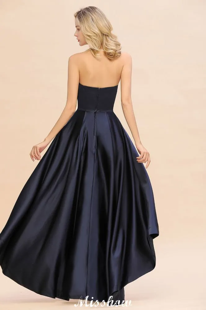 Charming Strapless Satin Navy Hi-Lo Eveing Party Gowns Party Dress