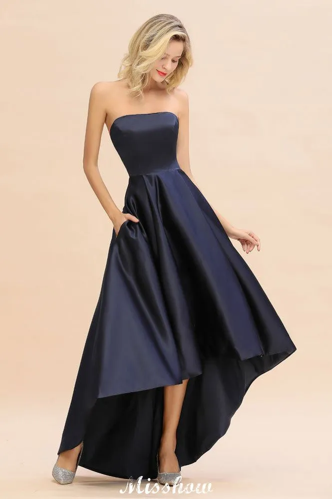 Charming Strapless Satin Navy Hi-Lo Eveing Party Gowns Party Dress