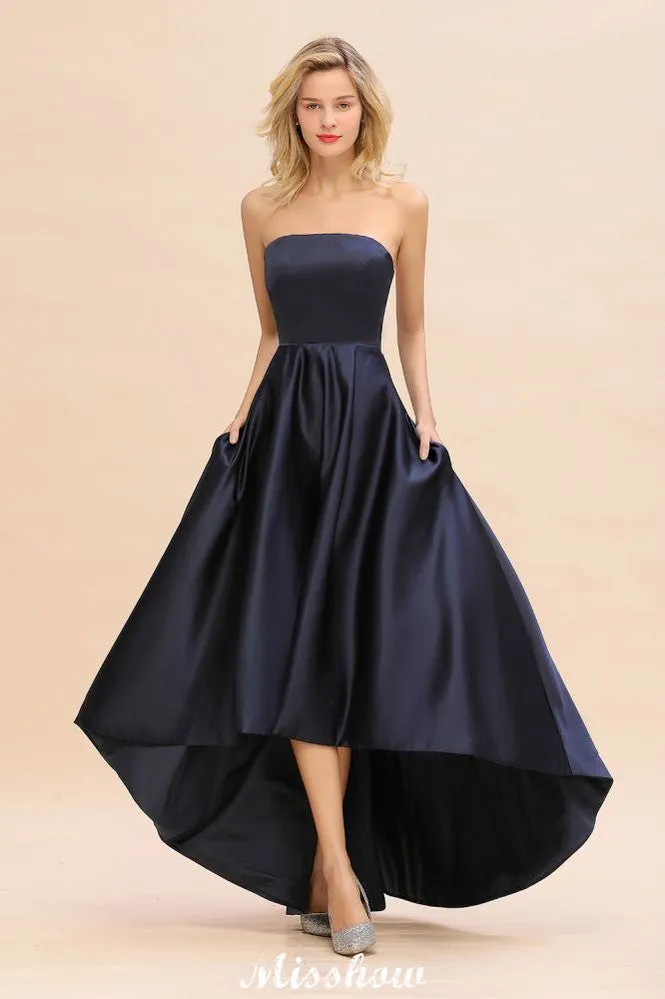 Charming Strapless Satin Navy Hi-Lo Eveing Party Gowns Party Dress