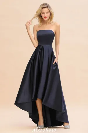 Charming Strapless Satin Navy Hi-Lo Eveing Party Gowns Party Dress