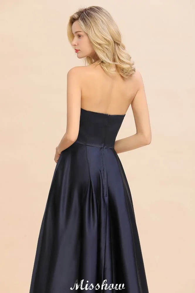 Charming Strapless Satin Navy Hi-Lo Eveing Party Gowns Party Dress