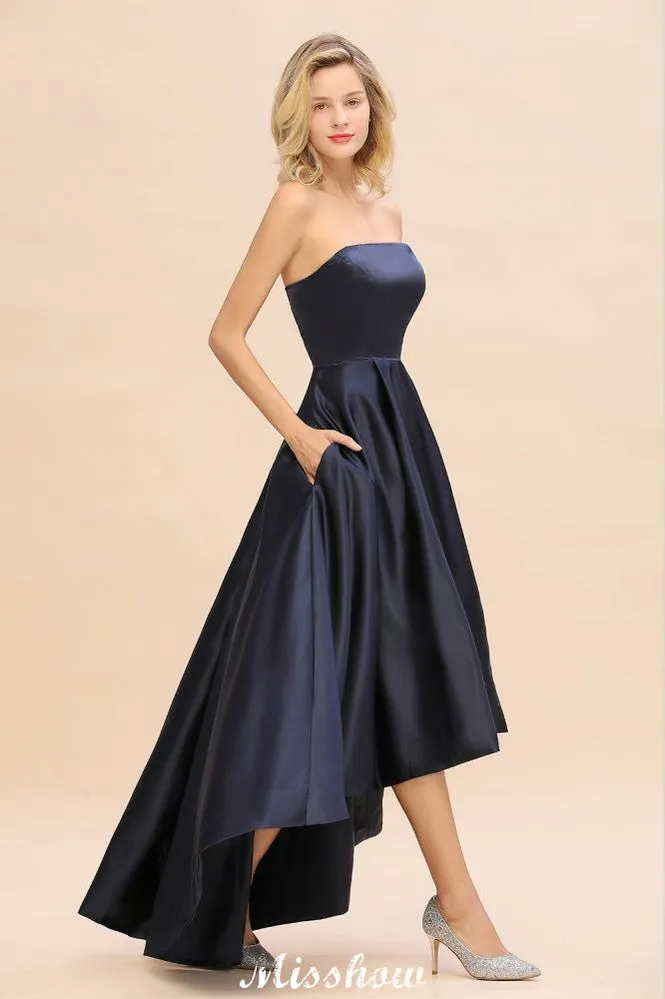 Charming Strapless Satin Navy Hi-Lo Eveing Party Gowns Party Dress