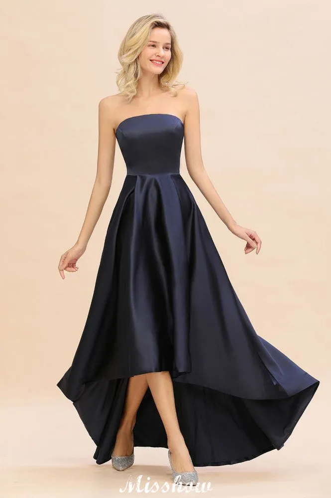 Charming Strapless Satin Navy Hi-Lo Eveing Party Gowns Party Dress