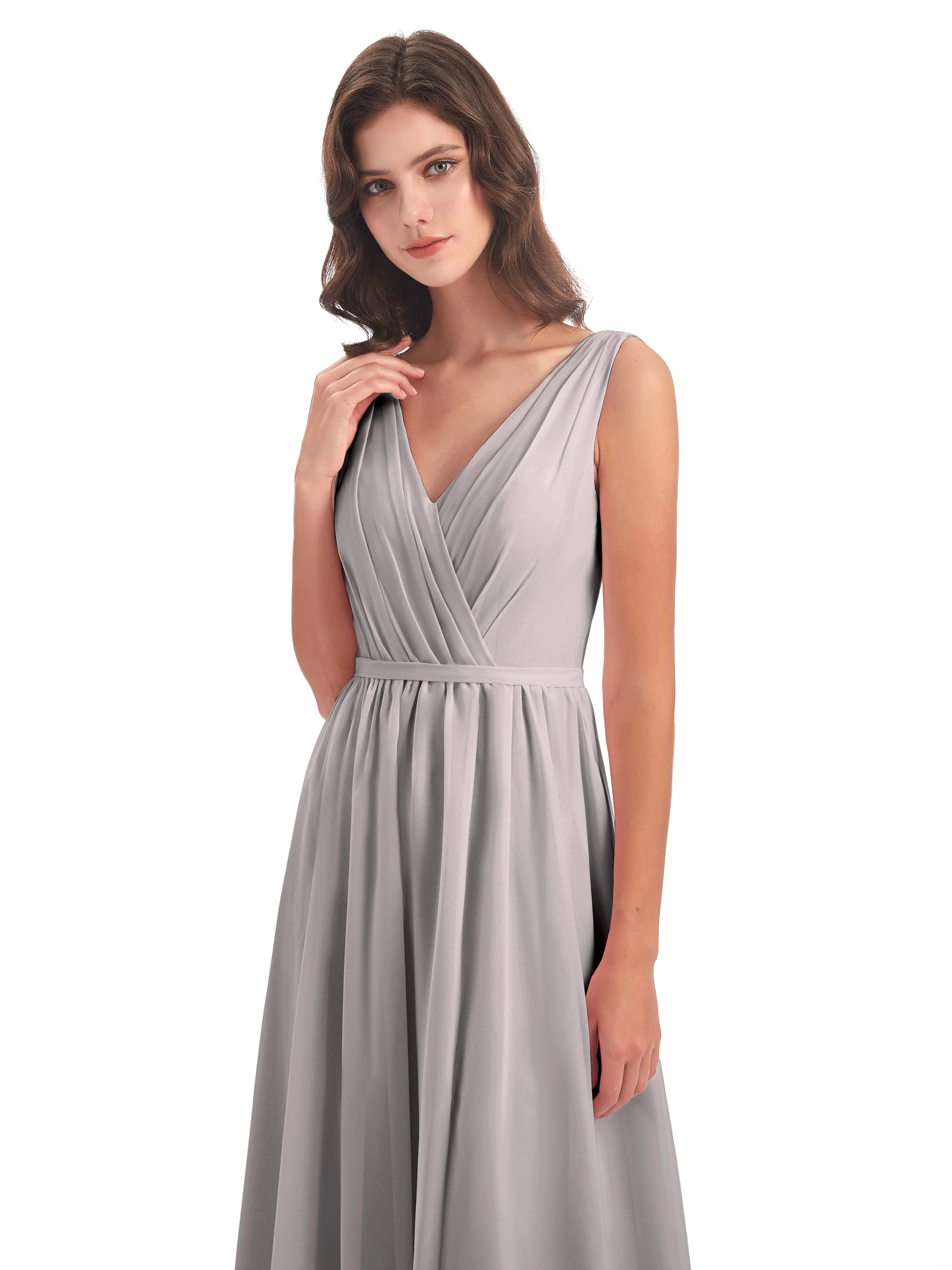 Clara Charming V Neck Long Chiffon Bridesmaid Dresses