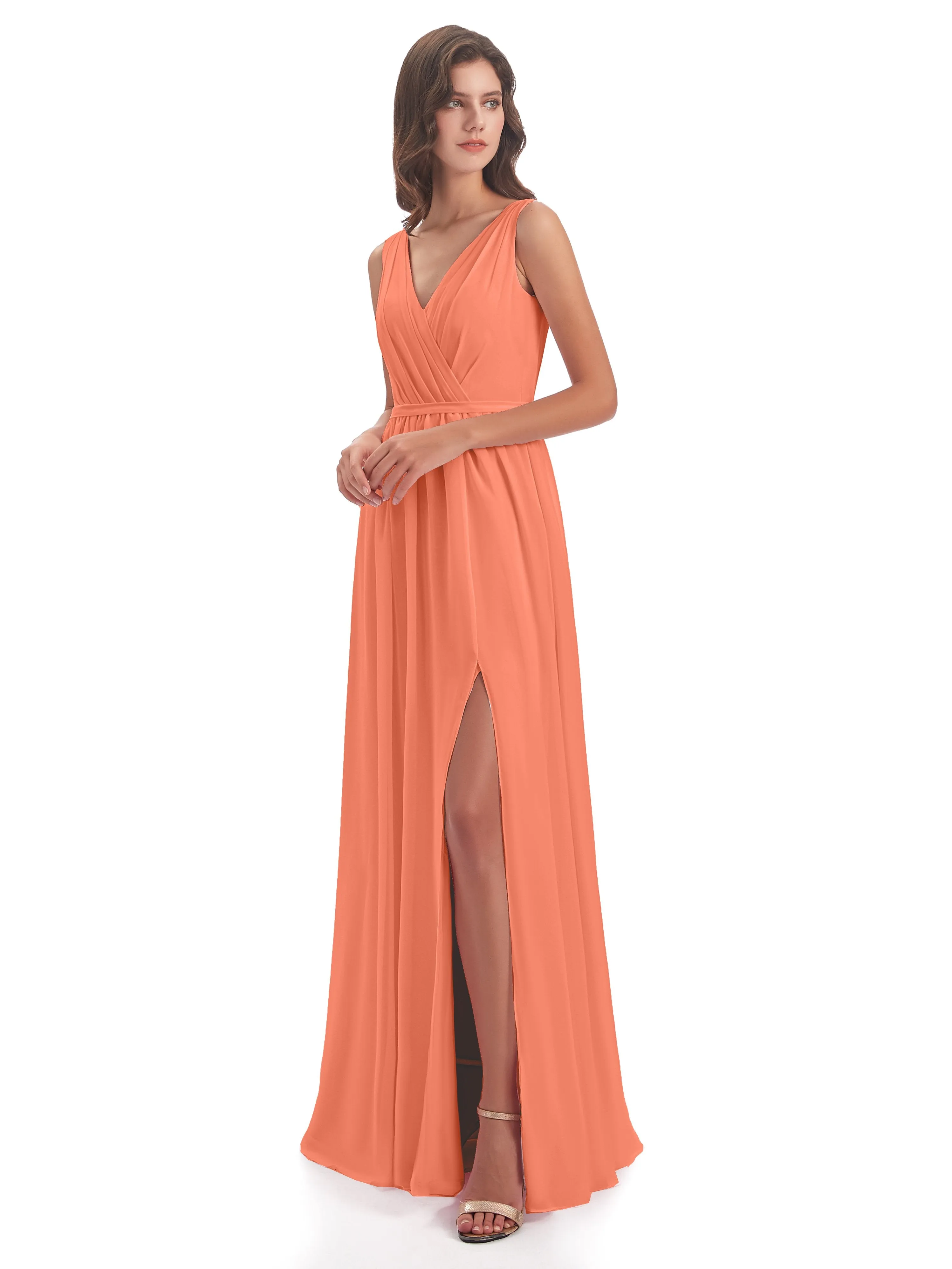 Clara Charming V Neck Long Chiffon Bridesmaid Dresses