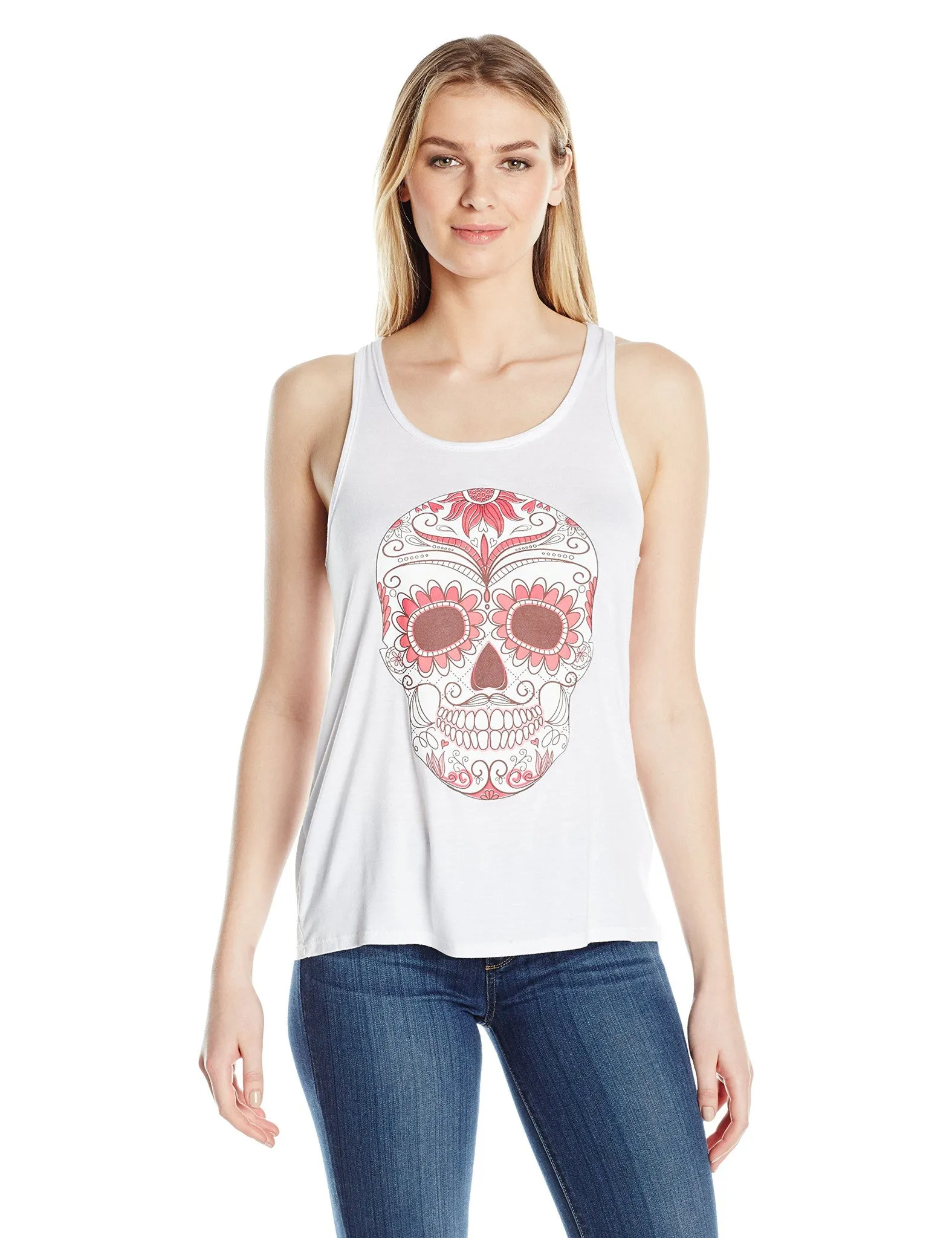 Clementine Women's Petite Plus Ladies' with Floral Skull Printed Flowy Racerback Tank