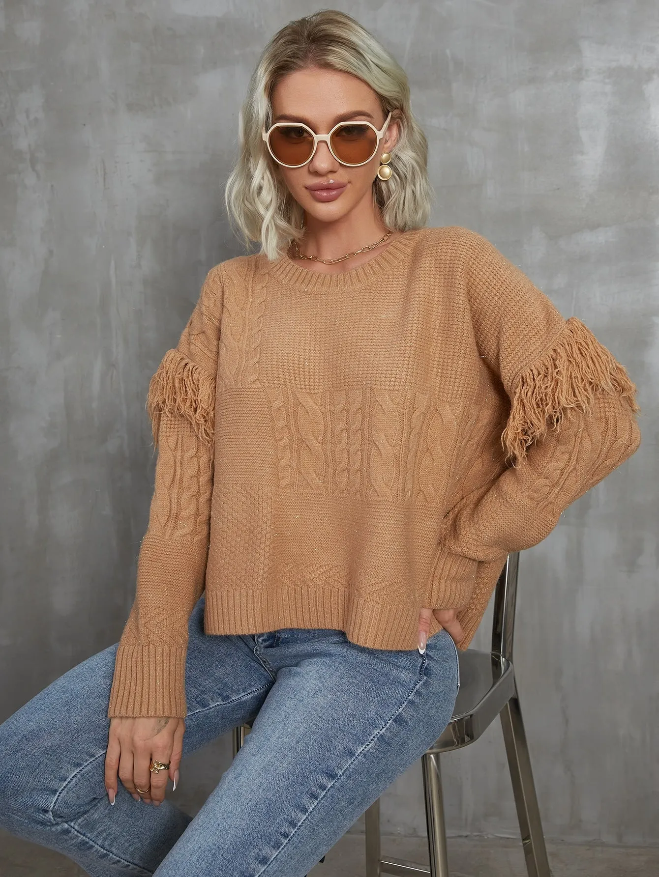 Elegant Plain Fringe Long Sleeve Round Neck Slit Regular Women Sweater