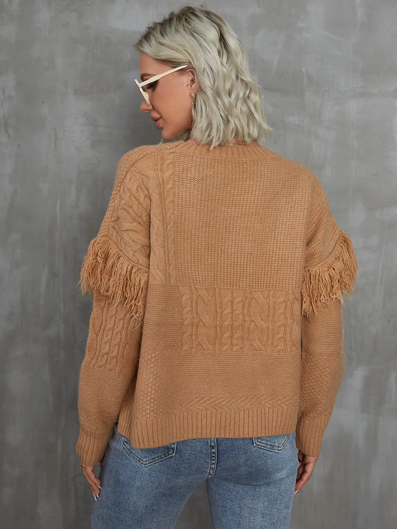 Elegant Plain Fringe Long Sleeve Round Neck Slit Regular Women Sweater