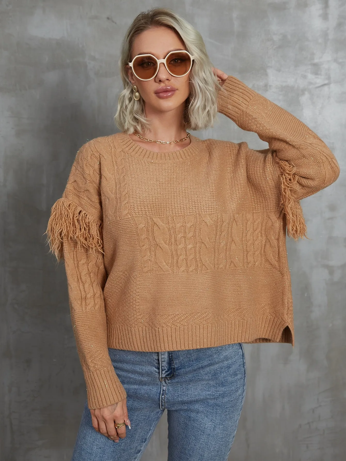 Elegant Plain Fringe Long Sleeve Round Neck Slit Regular Women Sweater