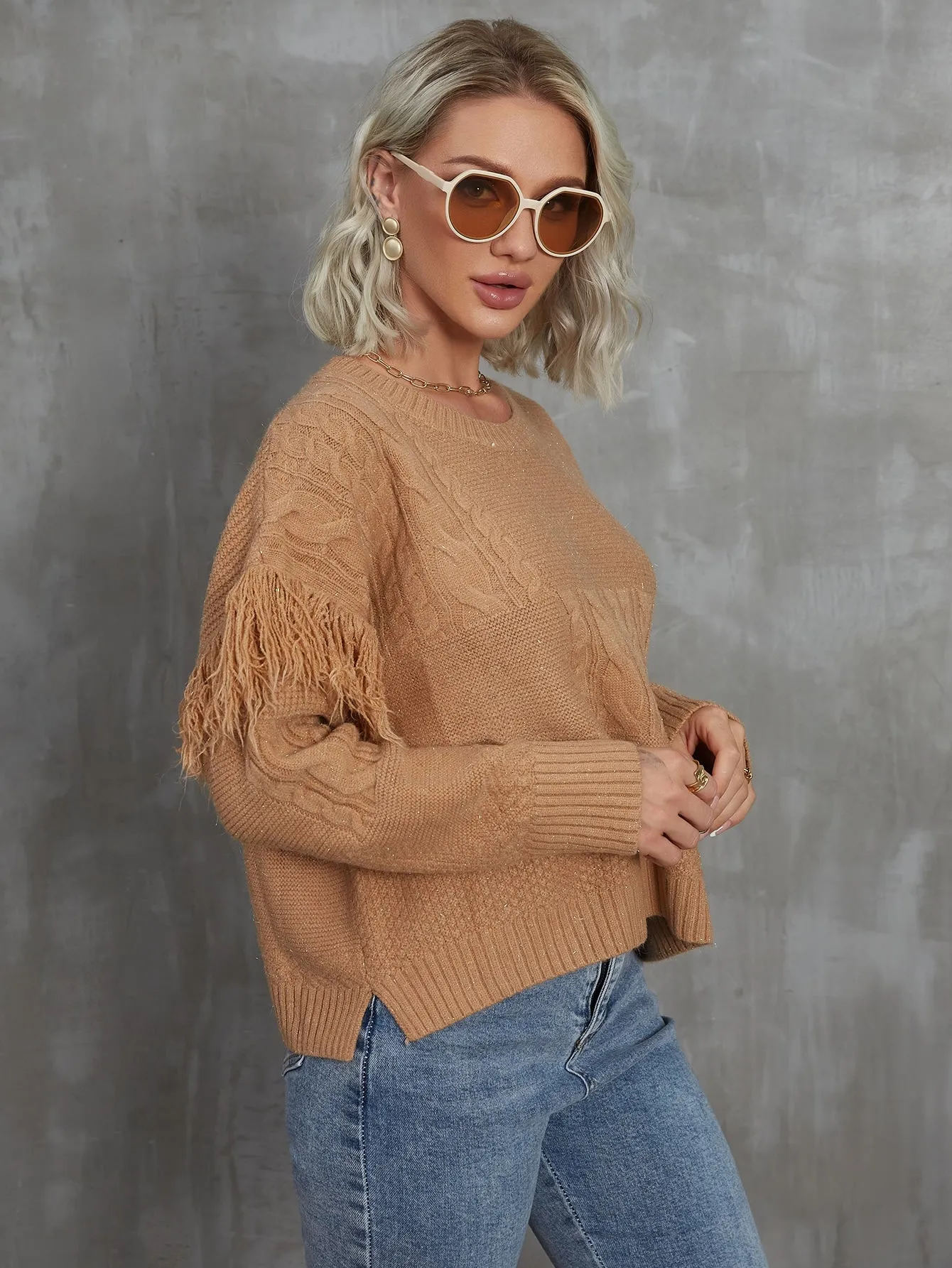 Elegant Plain Fringe Long Sleeve Round Neck Slit Regular Women Sweater