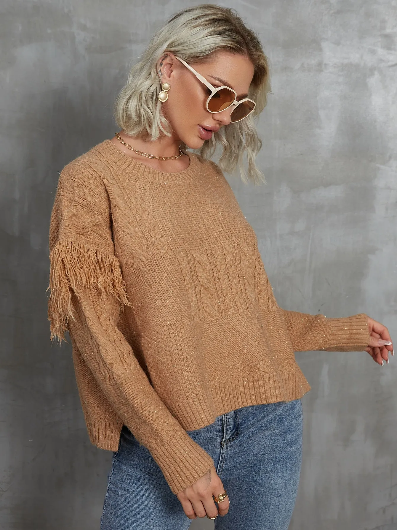 Elegant Plain Fringe Long Sleeve Round Neck Slit Regular Women Sweater