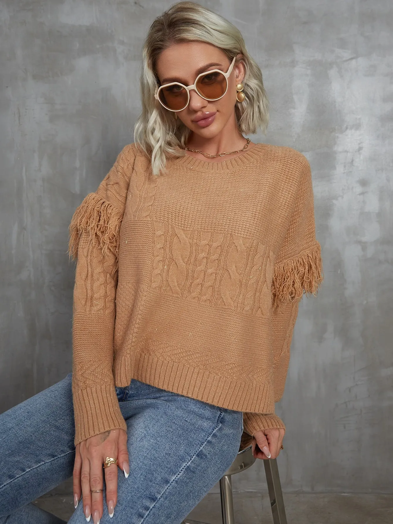 Elegant Plain Fringe Long Sleeve Round Neck Slit Regular Women Sweater