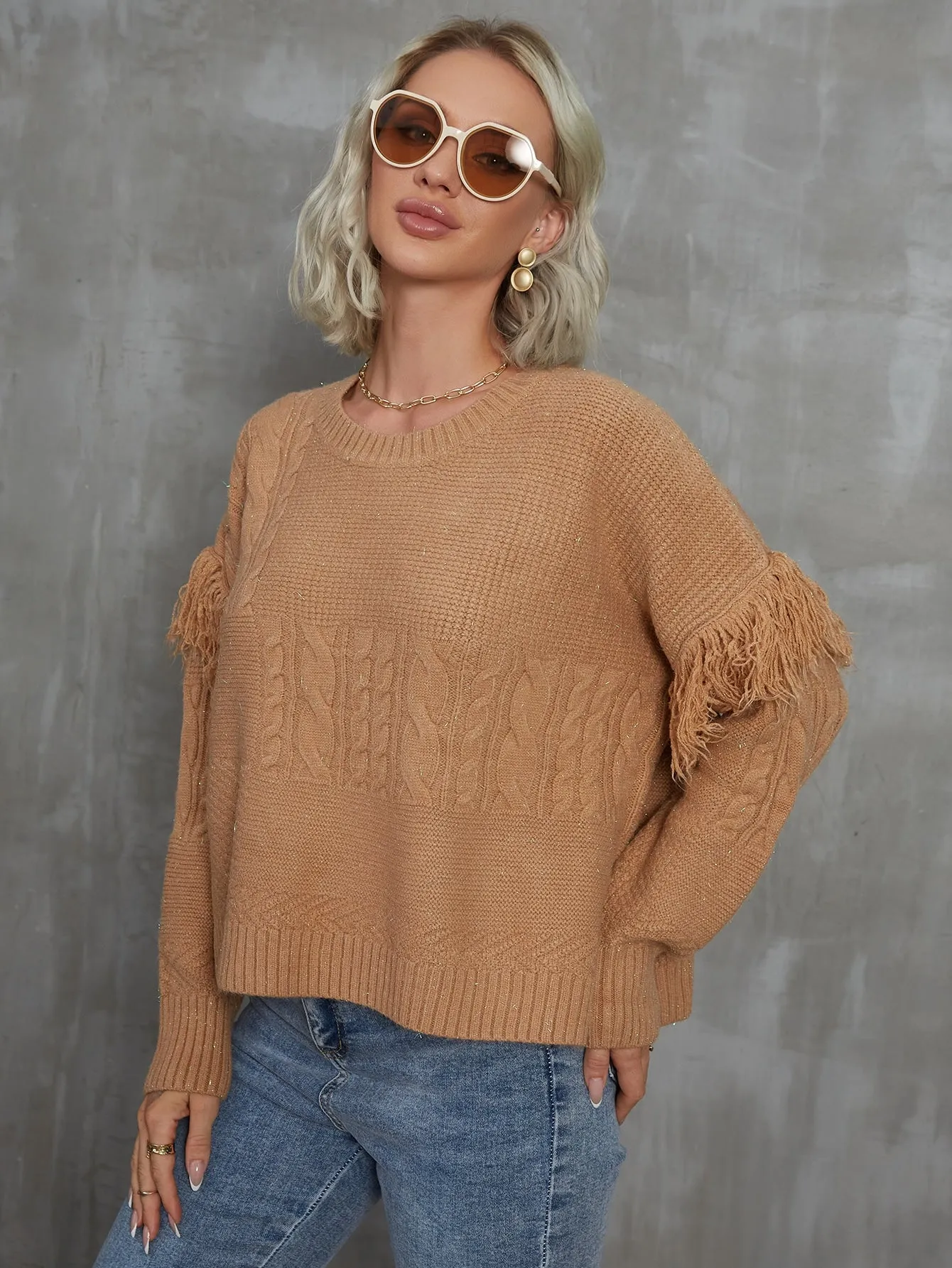 Elegant Plain Fringe Long Sleeve Round Neck Slit Regular Women Sweater