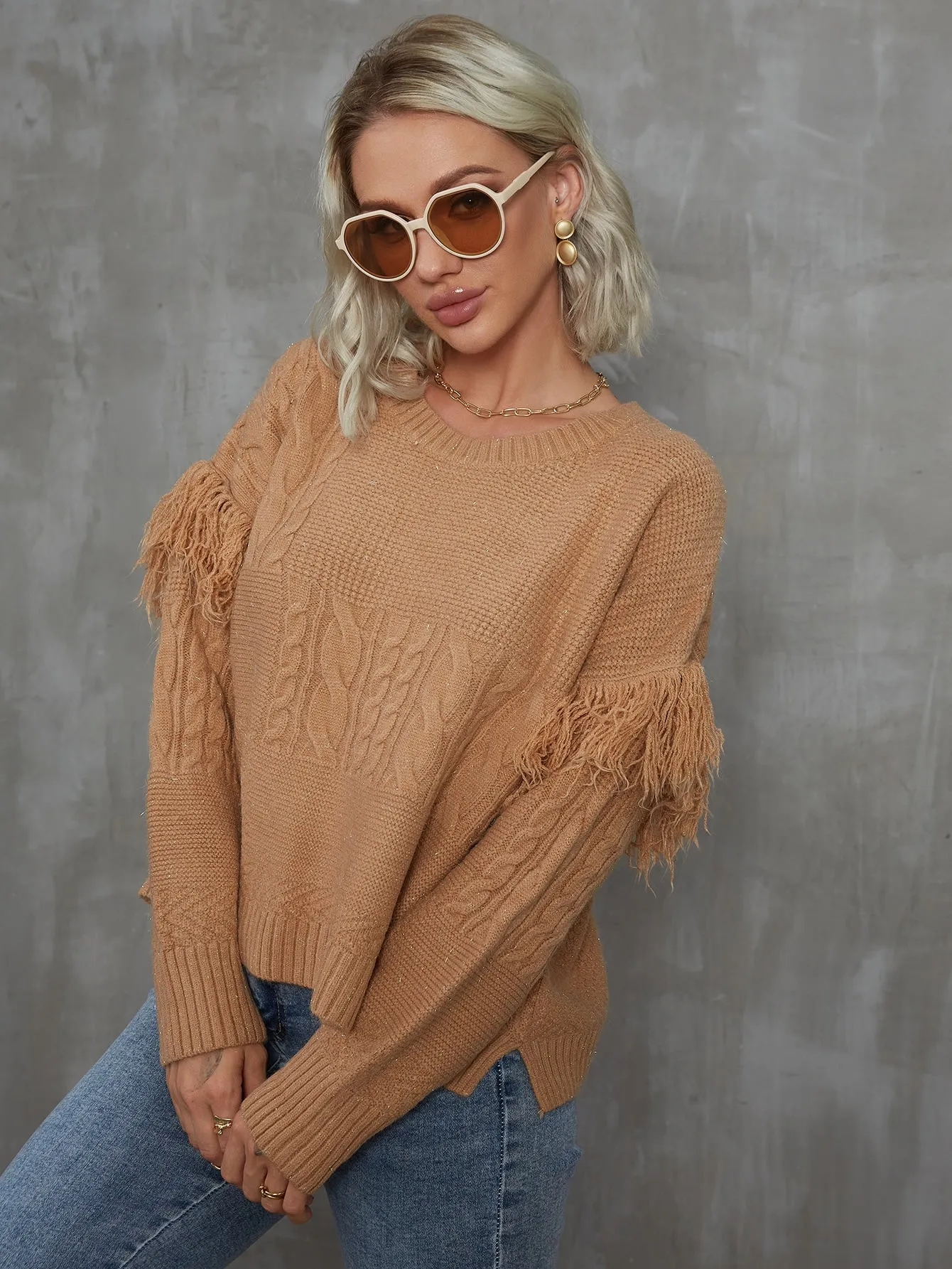 Elegant Plain Fringe Long Sleeve Round Neck Slit Regular Women Sweater