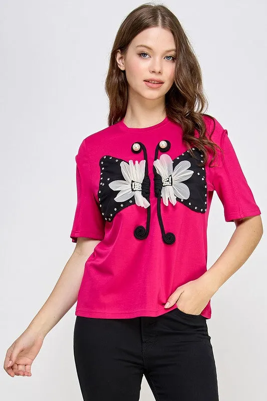 Fuchsia Rhinestone Detail Graphic Soft Fab T Shirt