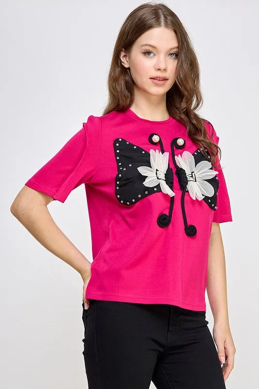 Fuchsia Rhinestone Detail Graphic Soft Fab T Shirt