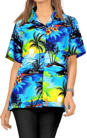 LA LEELA Women's Beach Casual Hawaiian Blouse Short Sleeve button Down Shirt Tank top Blue