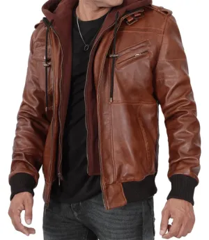 Mens Brown Leather Hooded Biker Jacket