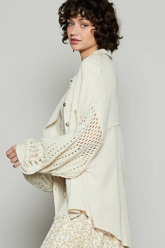 Openwork Lantern Sleeve Button Down Gauze Shirt