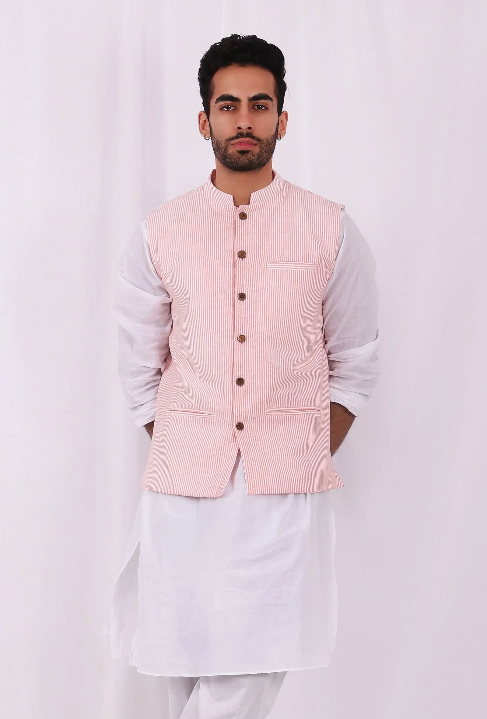 Pink Hand Block Cotton Nehru Jacket