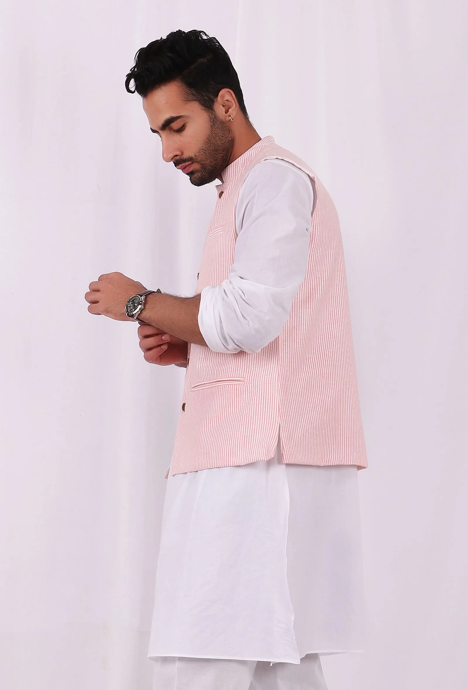 Pink Hand Block Cotton Nehru Jacket