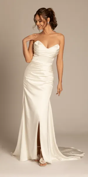 Satin Mock Wrap Pleated Column Dress with Chapel Train