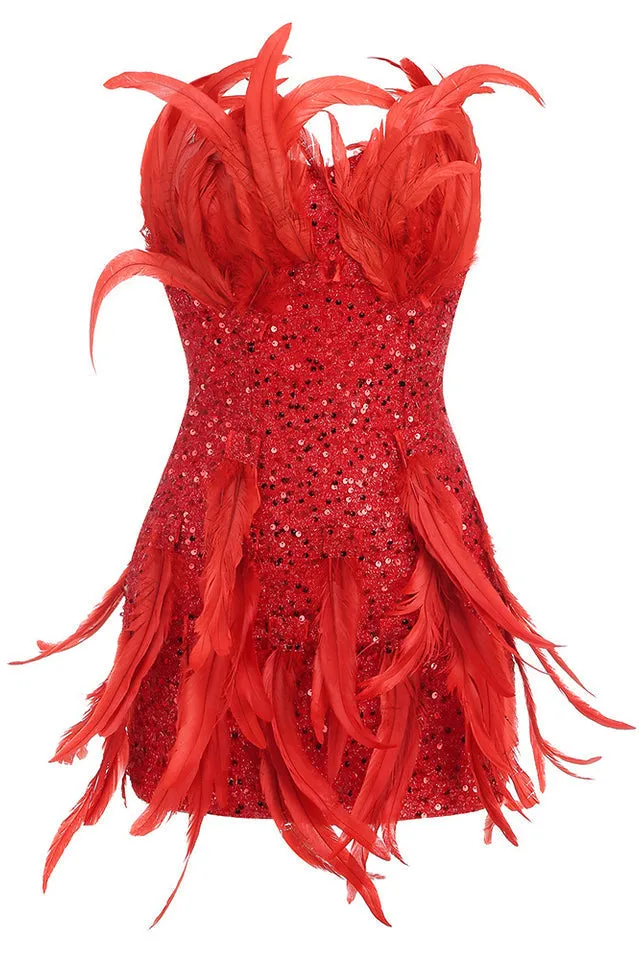 Strapless Sequin Feather Charming Embellished Mini Dress