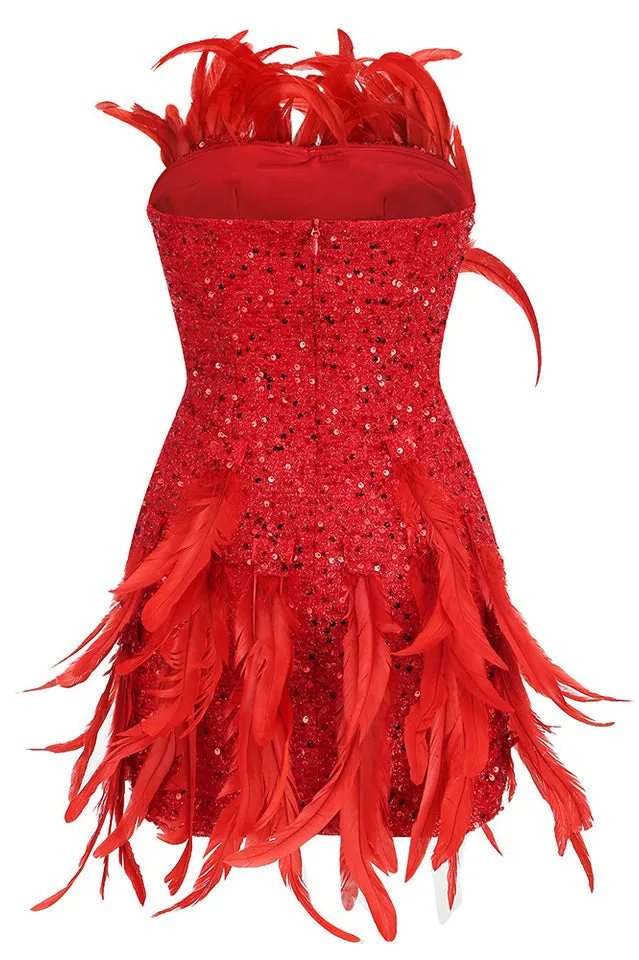 Strapless Sequin Feather Charming Embellished Mini Dress