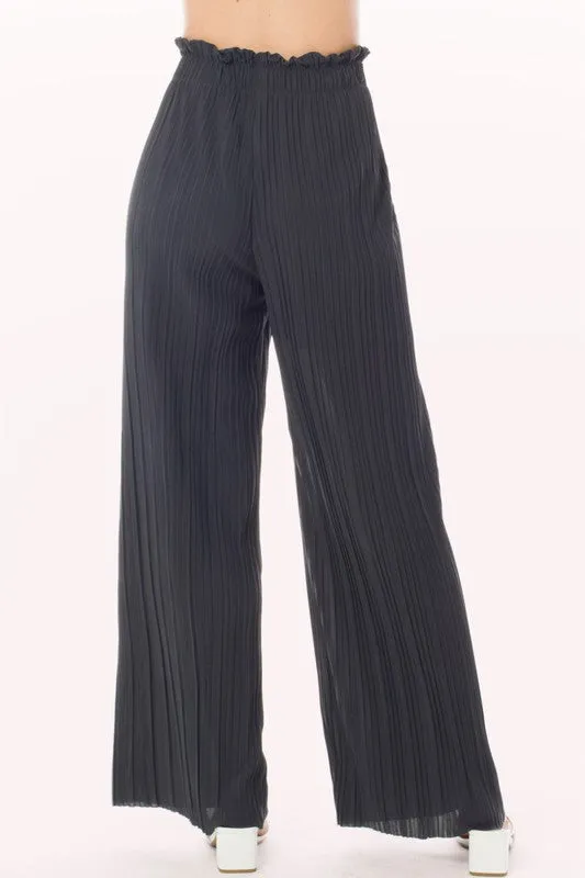 Tie Paperbag Waist Pleated Wide Leg Palazzo Pants