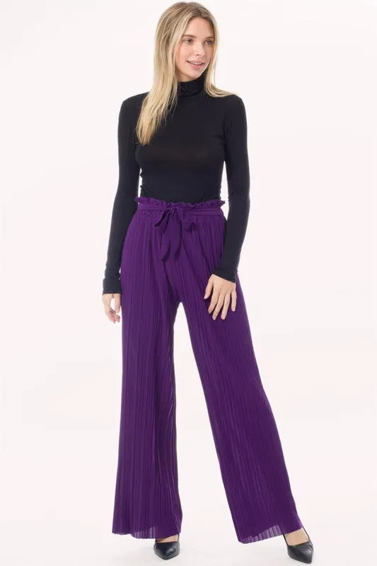 Tie Paperbag Waist Pleated Wide Leg Palazzo Pants