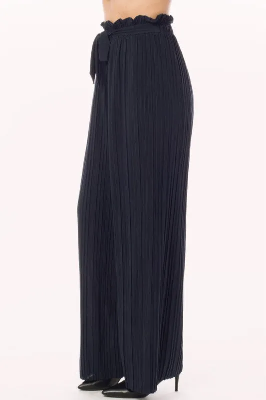 Tie Paperbag Waist Pleated Wide Leg Palazzo Pants