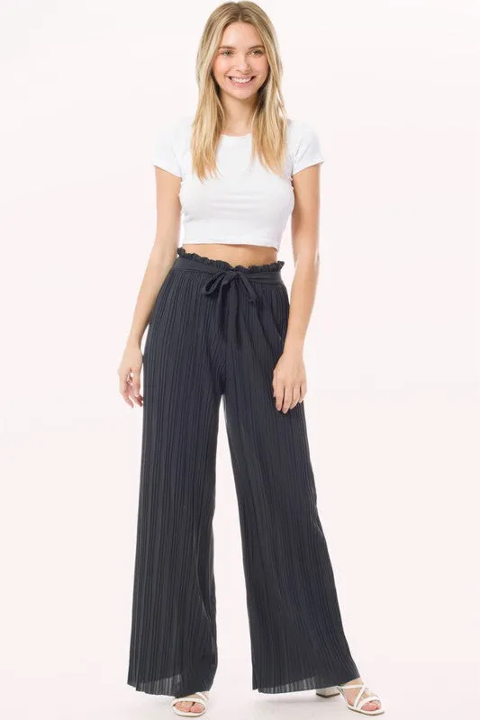 Tie Paperbag Waist Pleated Wide Leg Palazzo Pants