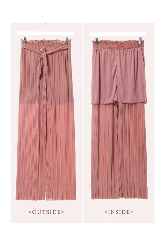 Tie Paperbag Waist Pleated Wide Leg Palazzo Pants