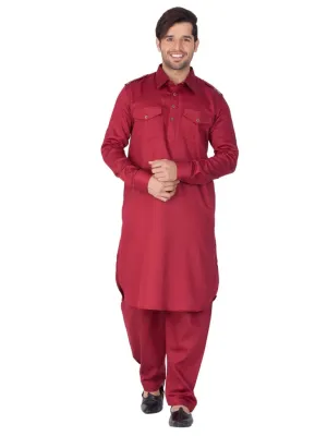 Vastramay Cotton Blend Maroon Baap Beta Pathani Kurta & Pyjama Set