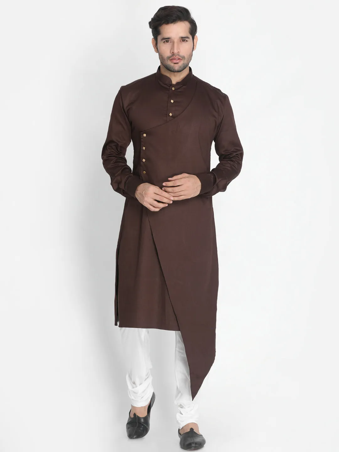 Vastramay Cotton Satin Blend Coffee Brown and Cream Baap Beta Kurta Pyjama Set